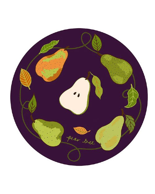 Purple plate with multicolored pears surrounded by vines and "Pear Tree" written at bottom in cursive.