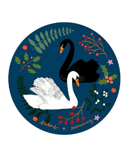 Blue plate with 2 swans surrounded by festive plants and "Swans A Swimming" at bottom in cursive.