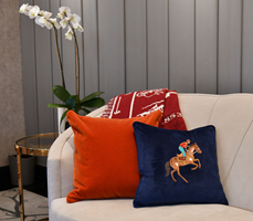Navy Rodeo Embroidered Cushion Cover on sofa.
