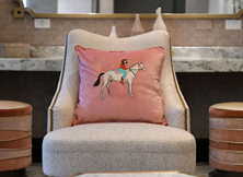 Peach Rodeo Embroidered Cushion Cover on small armchair. 