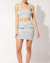 Model wearing The Ronnie Mini Skirt in Powder Blue with matching top.