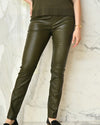 Model wearing Nappa Leather Leggings in Evergreen.