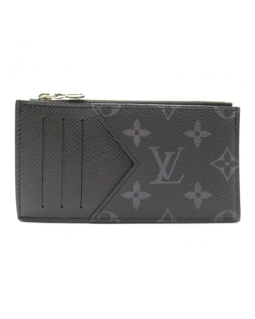 Black and grey coin and card holder with Louis Vuitton pattern, card slots, and silver hardware.