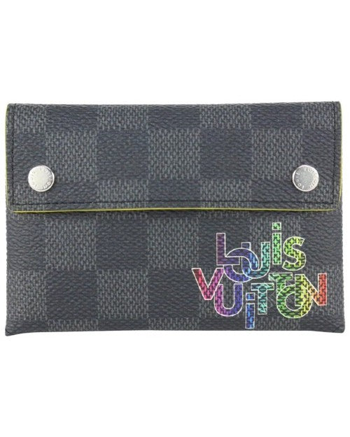 Black and grey checkered card case with silver buttons and rainbow Louis Vuitton branding. 