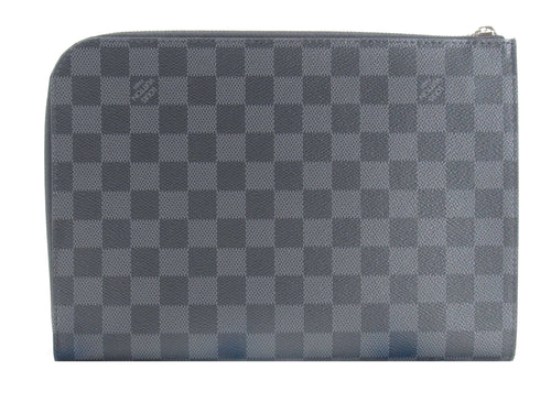 Graphite checkered print zipper bag in front of white background.