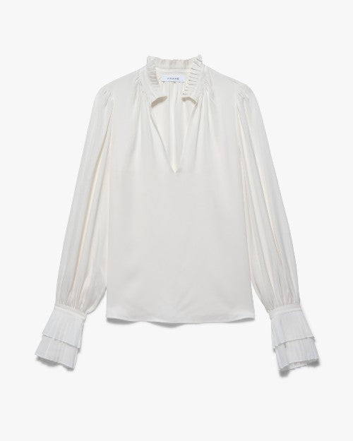 Pleated Cuff V-Neck Top in front of white background.