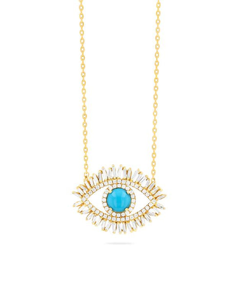 Gold necklace with diamond and turquoise evil eye pendant. 