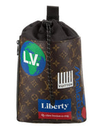 Dark brown sling bag wth Louis Vuitton print and other graphics.