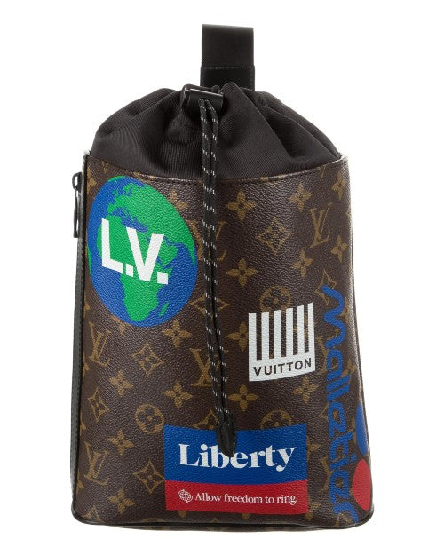 Dark brown sling bag wth Louis Vuitton print and other graphics.