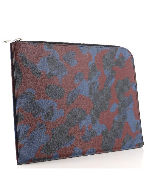 Red, blue, and black camouflage print pouch.