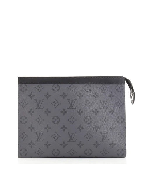Gray and black pouch with Louis Vuitton pattern. 