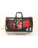 Red basketball design with NBA and Louis Vuitton patches and wordng. 