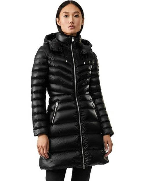 Model wearing Lara Hooded Down Jacket in black. 