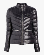 Black Petra Lightweight Short Down Jacket in front of white background. 