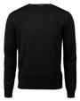 A full view of a black long-sleeved crewneck shirt in front of white background. 