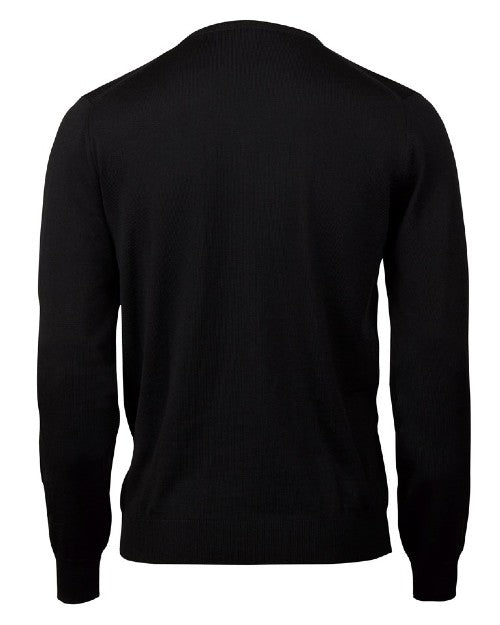 A full backside view of a black long-sleeved crewneck shirt in front of white background. 