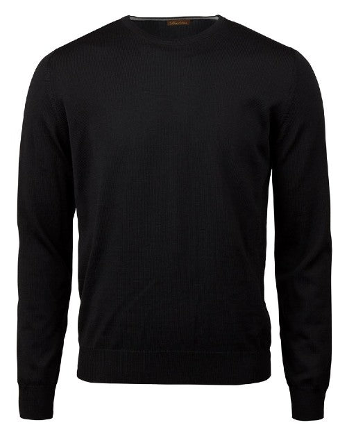 Black crew neck sweater in front of white background. 