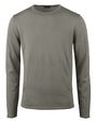 A full view of a green long-sleeved crewneck shirt in front of white background. 