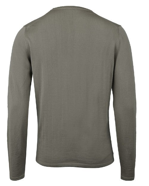 A full backside view of a green long-sleeved crewneck shirt in front of white background. 
