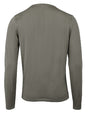 A full backside view of a green long-sleeved crewneck shirt in front of white background. 