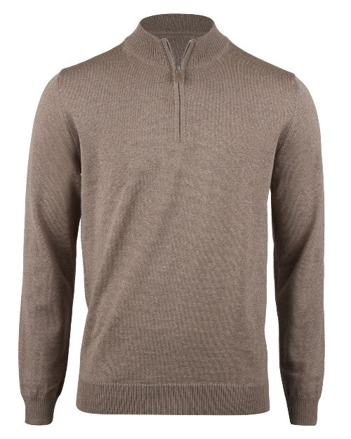 A full view of a dark beige 3/4 zip sweater with a collar and ribbed cuffs. The background is plain white.