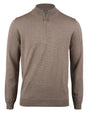 A full view of a dark beige 3/4 zip sweater with a collar and ribbed cuffs. The background is plain white.
