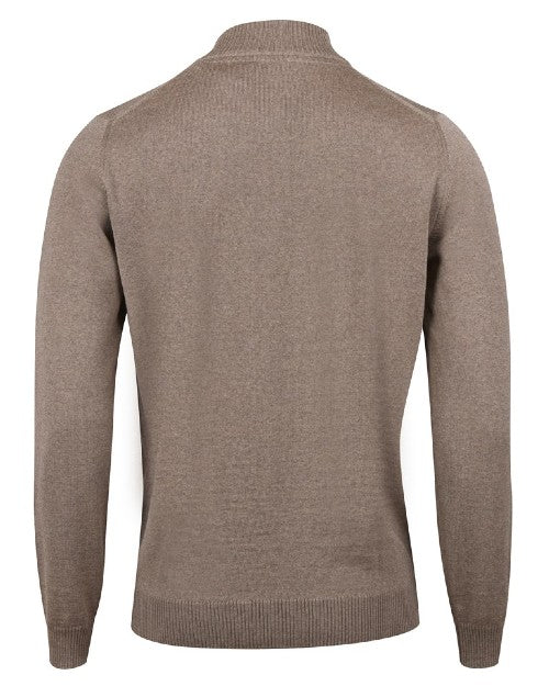 A full backside view of a dark beige sweater with a short collar and ribbed cuffs. The background is plain white.
