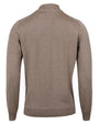 A full backside view of a dark beige sweater with a short collar and ribbed cuffs. The background is plain white.