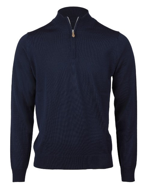 A full view of a navy 3/4 zip sweater with a collar, a brown zipper handle and ribbed cuffs. The background is plain white.