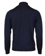 A backside view of a long-sleeve navy sweater with a short collar. The background is plain white.