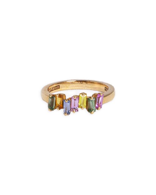 Rose gold ring band with various pastel-colored sapphires.