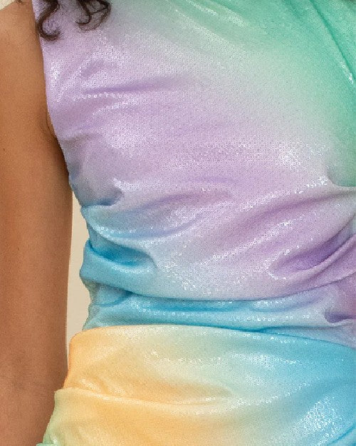 Close up of fabric of Ombre Mini Dress. 