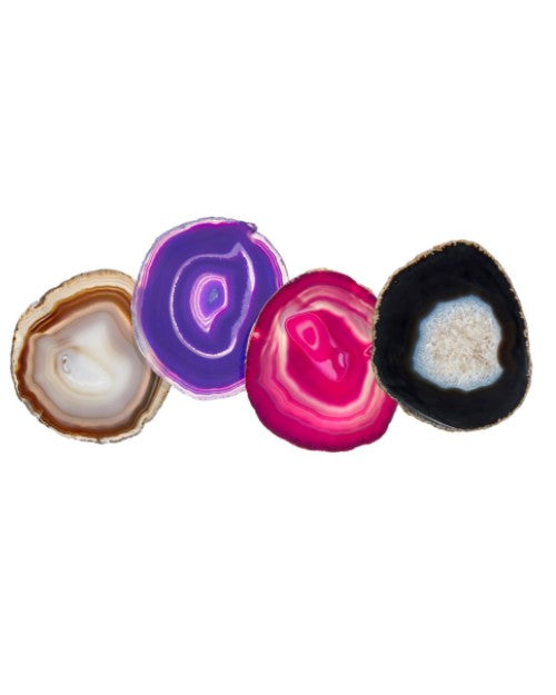 Bundle of 4 assorted agate coasters in front of white background.