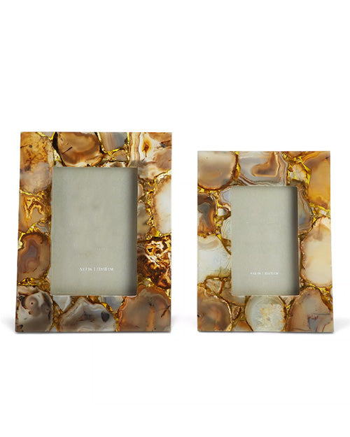 Amber agate photo frames in both small and large in front of white background.