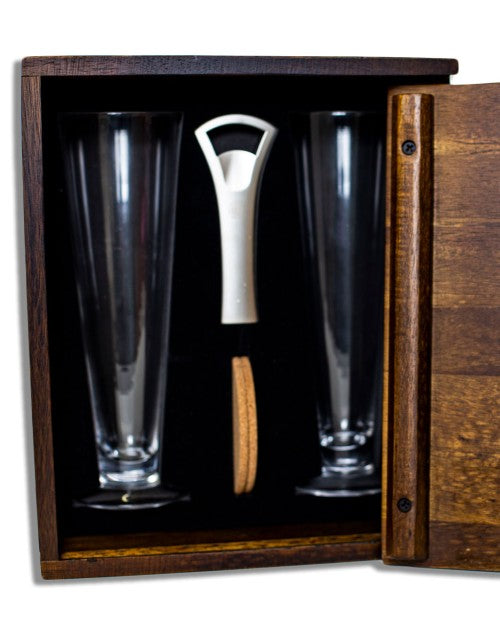 Wood box with black suede insert for Pilsner Set items. 
