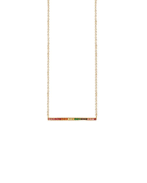 Gold necklace with rainbow bar made from rubies, sapphires, and emeralds.