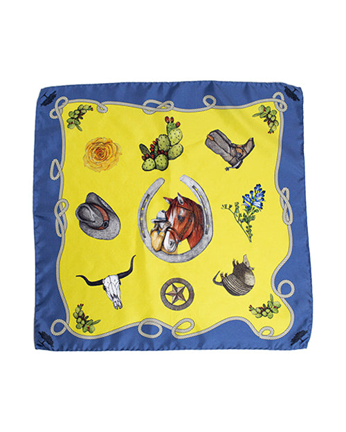 Blue and yellow silk scarf with rodeo print.