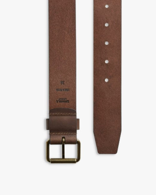 Belt flipped to show Shinola Detroit branding on inside of leather.