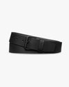 Black belt with black buckle in front of white background. 