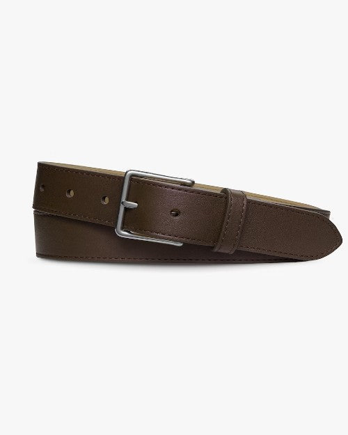 Brown belt with silver buckle in front of white background.