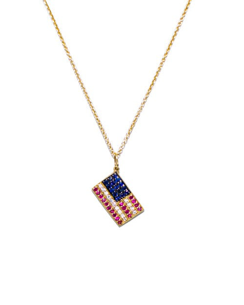 Gold necklace with American flag charm.
