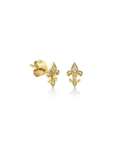 Gold and Diamond Small Fleur De Lis Stud Earrings from Sydney Evan in front of white background.