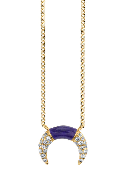 Gold chain with gold crescent necklace made of diamonds and purple-tint lapis.