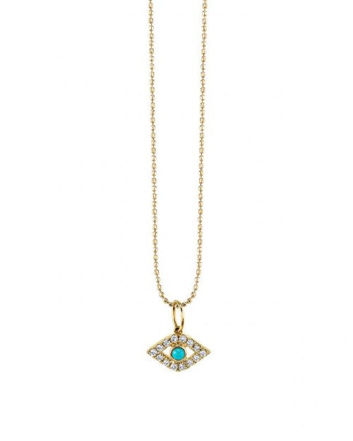 Gold chain necklace with gold, diamond, and turquoise evil eye charm. 