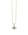 Gold chain necklace with gold, diamond, and turquoise evil eye charm. 
