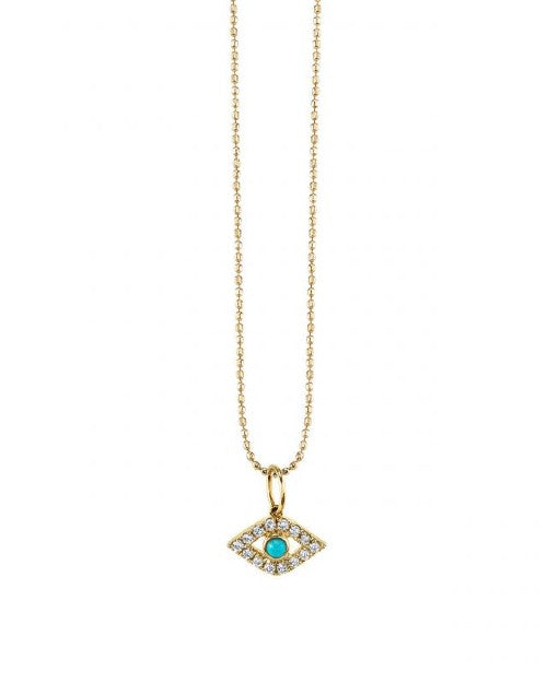 Gold chain necklace with gold, diamond, and turquoise evil eye charm. 