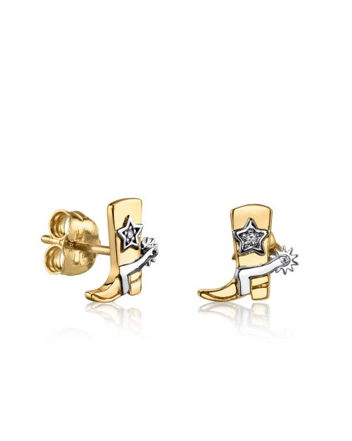 Gold stud earrings with gold cowboy boots that has silver and diamond accents.