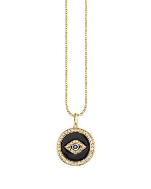 Gold necklace with gold and diamond circle charm of evil eye.
