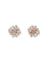 Small, round, stud earrings with small baguette-cut diamonds in a swirl pattern. 