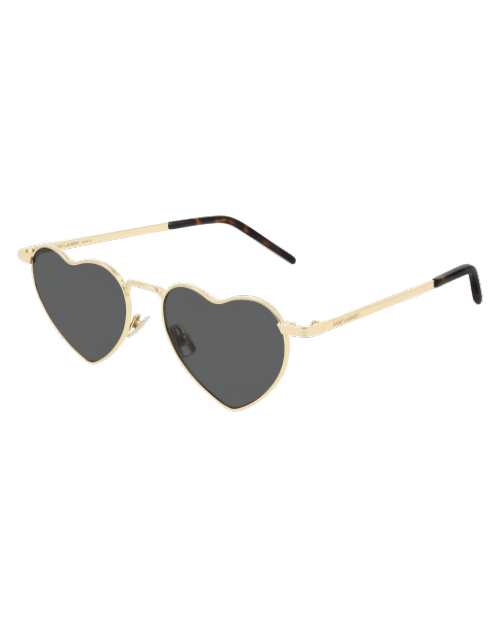 A pair of heart-shaped sunglasses with a thin gold frame and black lenses. Sunglasses feature tortoiseshell tips.
